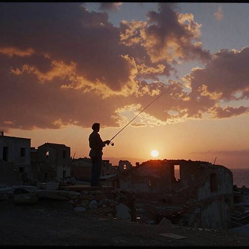 Silhouetted man fishing at sunset on a ruined rooftop, holding a rod, with orange and pink clouds in the background.