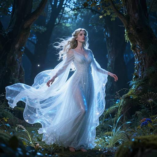 Photograph of a fair-skinned, blonde woman in a glowing, translucent white gown, standing in a dark, enchanted forest, surrounded by ethereal