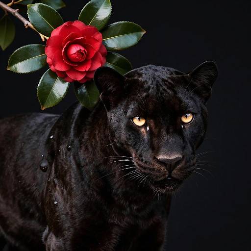 Sleek Black Panther with Camellia