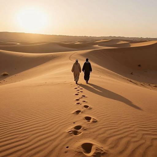 Photograph of two silhouetted figures walking in a vast, sunlit desert with rippled sand, leaving a trail of footprints behind.