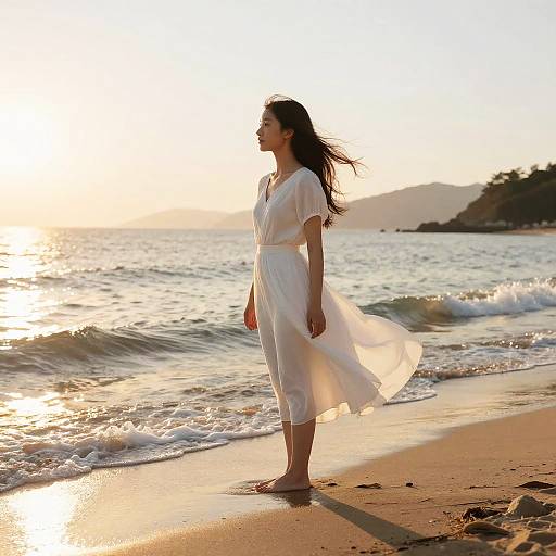 Photograph of a woman in a white dress standing barefoot on a sunlit beach, waves gently touching the shore at sunset.