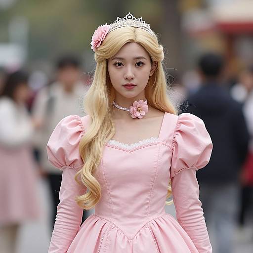 Photograph of a young Asian woman with long blonde hair, wearing a pink princess dress, puffed sleeves, tiara, and flower choker,