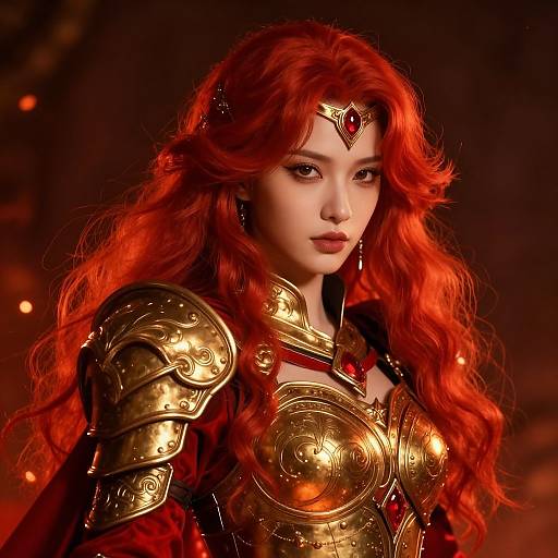 Photorealistic digital art of a fierce, red-haired warrior woman with intricate gold armor, red gemstone headpiece, and intense gaze, set against