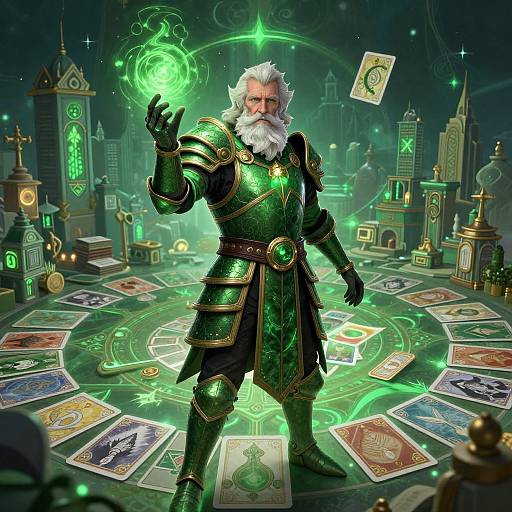 CGI image of a white-bearded wizard in green, gold armored robes, casting a glowing green spell in a magical cityscape. Cards and runes