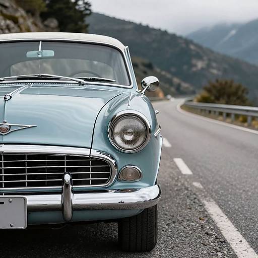 Photograph of a vintage light blue classic car with chrome details driving on a winding mountain road, mountains and trees in background.