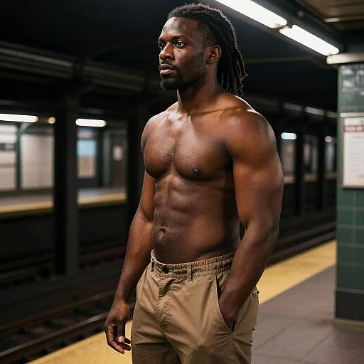 Photograph of a muscular, shirtless Black man with dreadlocks, wearing beige pants, standing on a dimly lit subway platform.