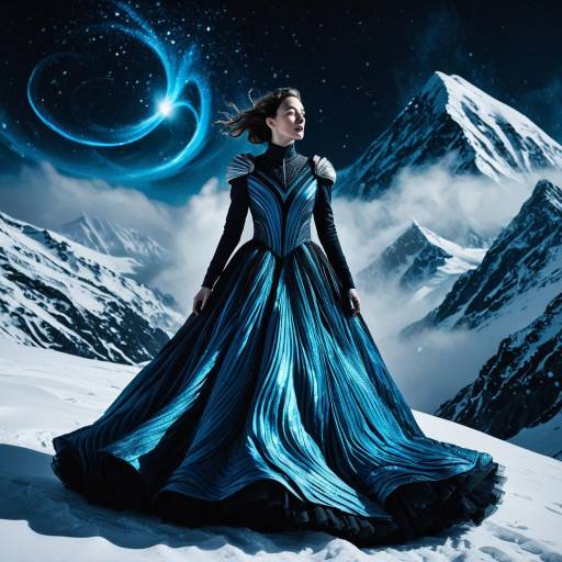 Astronaut in Iridescent Gown on Snowy Mountain Peak