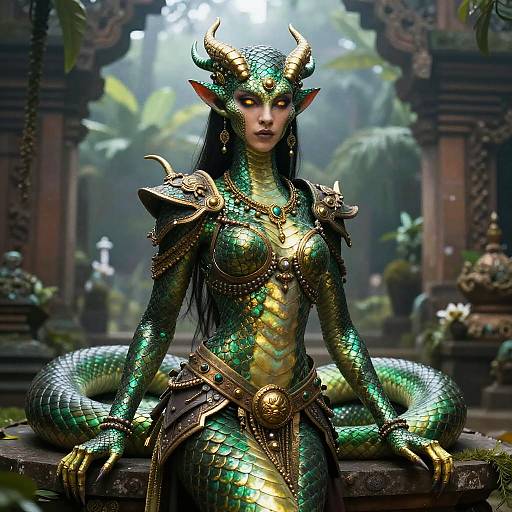 Digital artwork of a green-scaled, horned, serpentine female warrior with glowing yellow eyes, wearing ornate golden armor, sitting in a