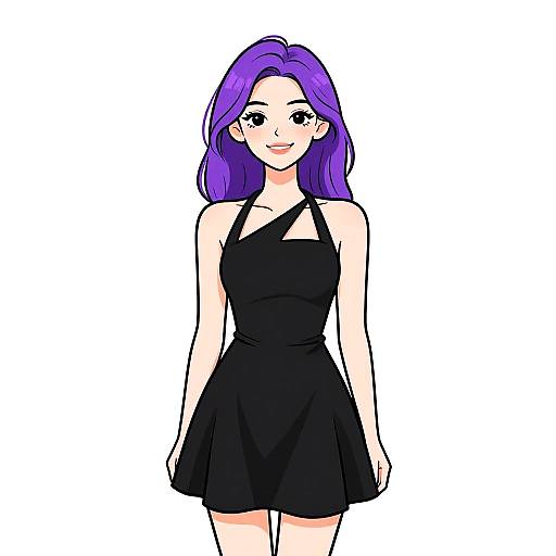 Digital anime-style drawing of a smiling woman with purple hair, wearing a black halter-neck dress, standing against a white background.