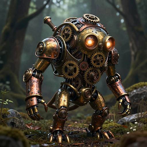 Steampunk Mechanical Creature in Forest