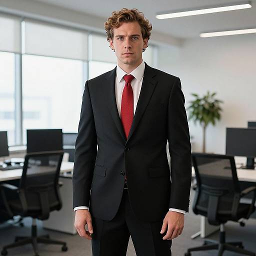 Photograph of a handsome, curly-haired man in a black suit with a red tie, standing in a modern, bright office with black chairs and large