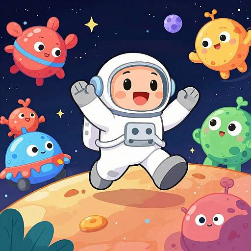 Cartoon astronaut with rounded face jumps on colorful moon, surrounded by cheerful alien creatures with big eyes in starry space.