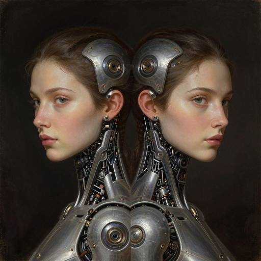 Digital art of a pale-skinned, brown-haired woman with mechanical headgear and exposed cybernetic neck, featuring mirrored profiles against a black background.