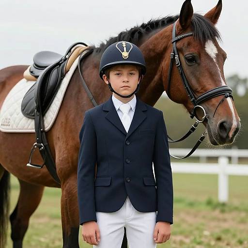 Photograph of a young boy in equestrian attire, standing in front of a brown horse with a white blaze, wearing a black helmet and riding