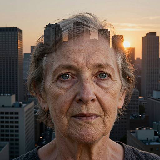 Photograph of an elderly woman with short gray hair, fair skin, and blue eyes, set against a sunset cityscape with superimposed black skys