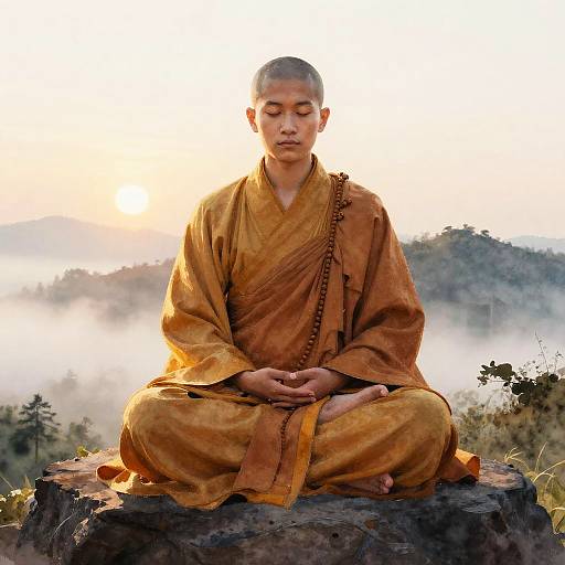 Photograph of a serene young male Buddhist monk with shaved head, wearing an orange robe, sitting cross-legged on a rock, meditating at sunrise with