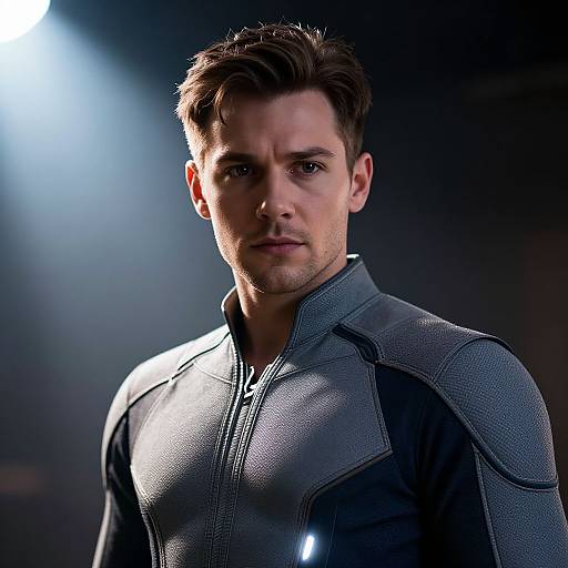 Photograph of a handsome, serious-looking man with short brown hair, wearing a sleek, gray, textured superhero suit, illuminated by a dramatic blue spotlight