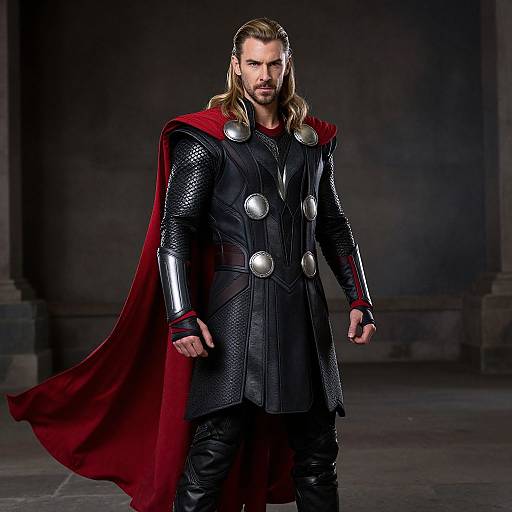 Photograph of a muscular man with long blonde hair and beard, wearing a black armored coat with silver buttons, red cape, and black pants, standing