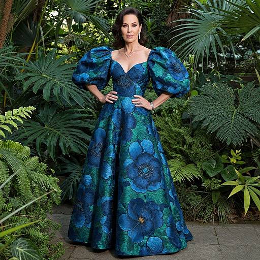 Confident Middle-Aged Woman in Couture Gown