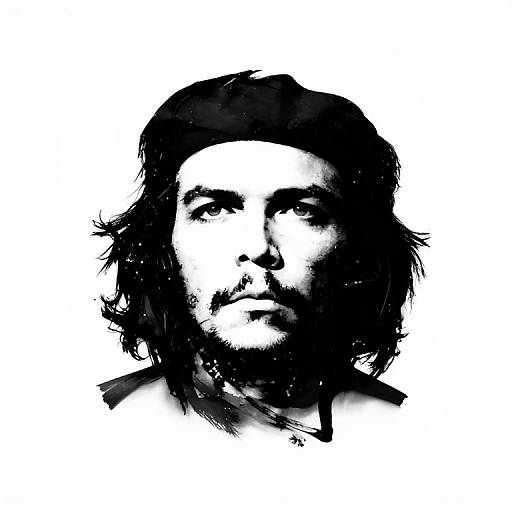 Black and white digital portrait of Che Guevara with thick, wavy hair, beard, and intense expression, stark contrast, minimalist style.