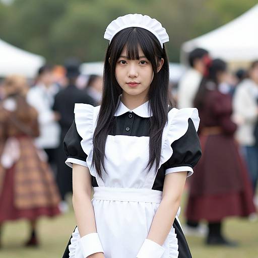 Photograph of an Asian woman with long black hair in a traditional French maid outfit, standing outdoors with blurred background of people in period clothing.