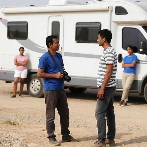Group Adventure Near a Gray RV