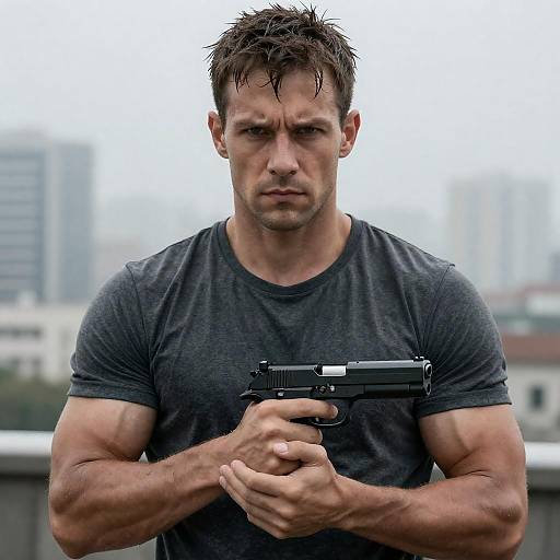 Muscular Man in Foggy Cityscape