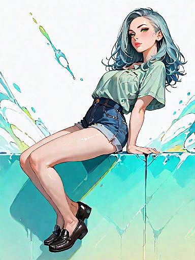 Stylish Woman Sitting by Water Splash
