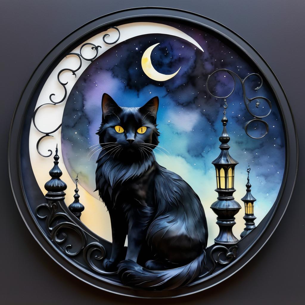 Gothic Black Cat with Crescent Moon