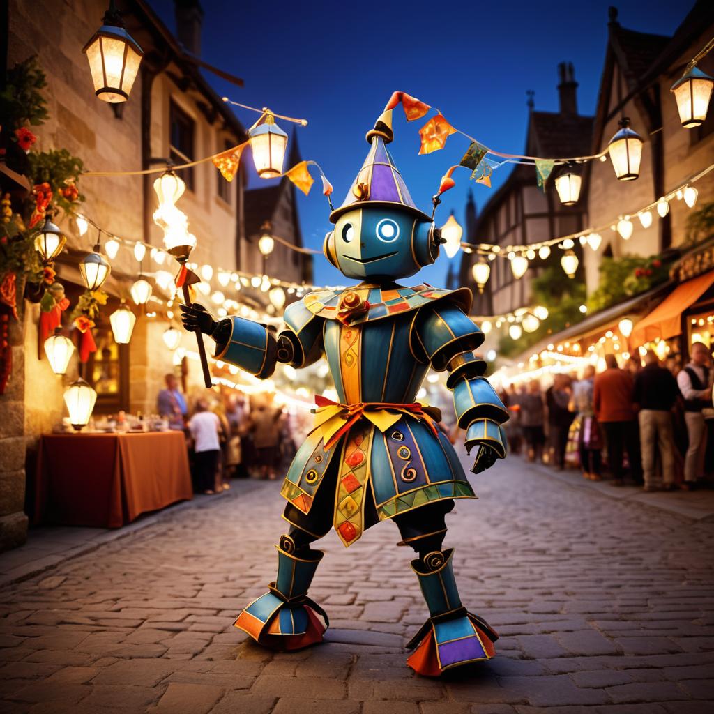 Whimsical Robot Jester in Medieval Fair