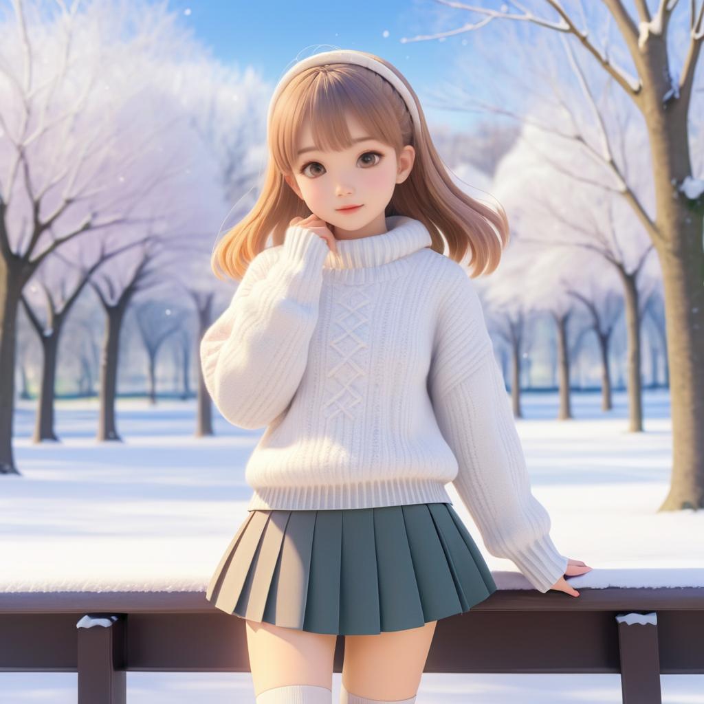 Warmhearted Girl in a Snowy Park