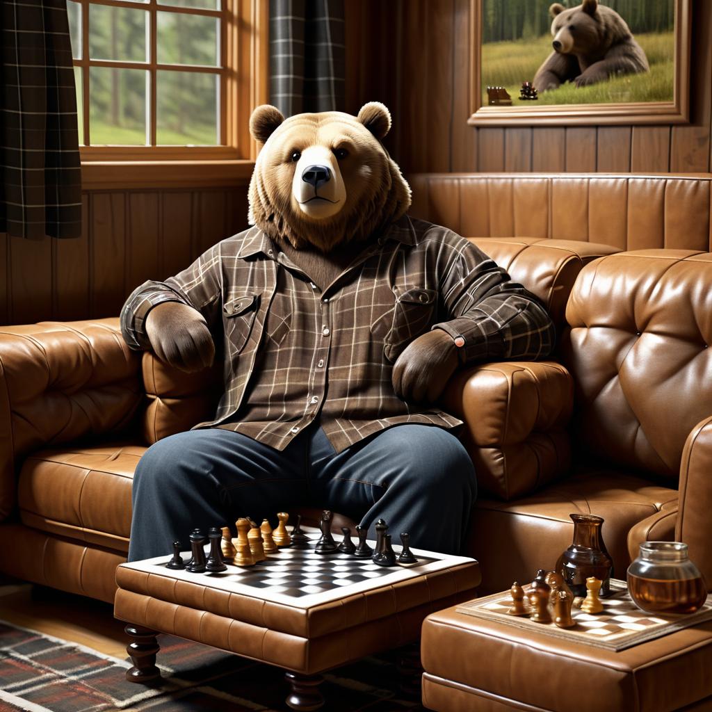 Realistic Bear Playing Chess on Couch