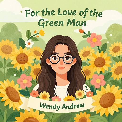 Digital illustration of a smiling woman with glasses, long brown hair, surrounded by sunflowers, pink flowers, and greenery. Text reads 
