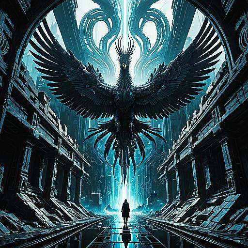 Ethereal Phoenix Above Steam-Powered Urban Ruins