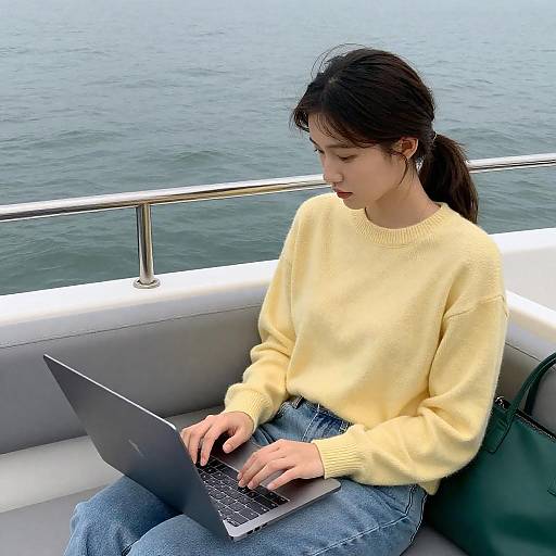 Focused Young Woman on a Boat