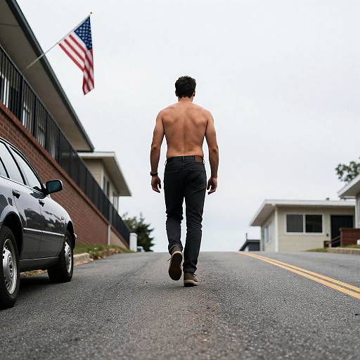 Shirtless Man Walking on Urban Road