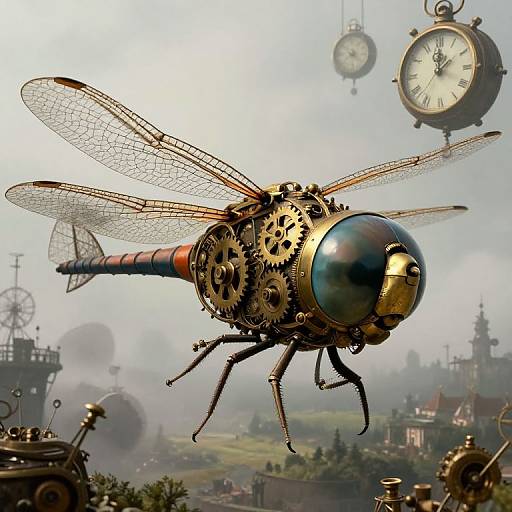 Steampunk dragonfly with gears and clockwork wings flies over a foggy, clock-adorned countryside in a detailed CGI illustration.