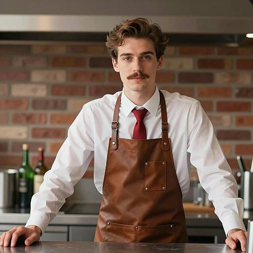 Young Male Bartender in Leather Apron