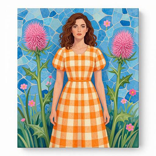 Digital illustration of a curly-haired woman in an orange-check dress, standing among pink thistles and blue mosaic-tiled background.