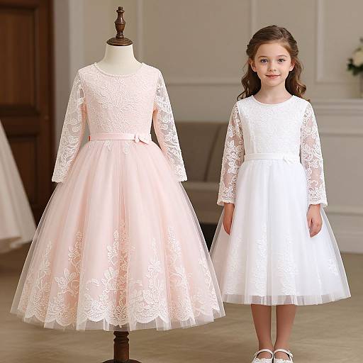 Photograph of young girl wearing white lace dress, standing next to mannequin in pink lace dress, elegant room background.