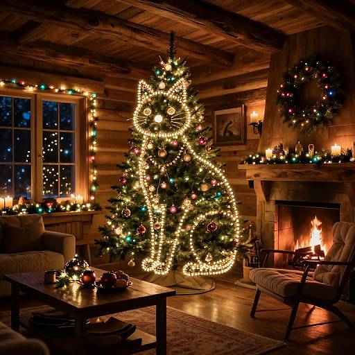 Cozy log cabin living room with a Christmas tree shaped by glowing lights, fireplace, candles, and Christmas decorations. Warm, festive, and inviting.