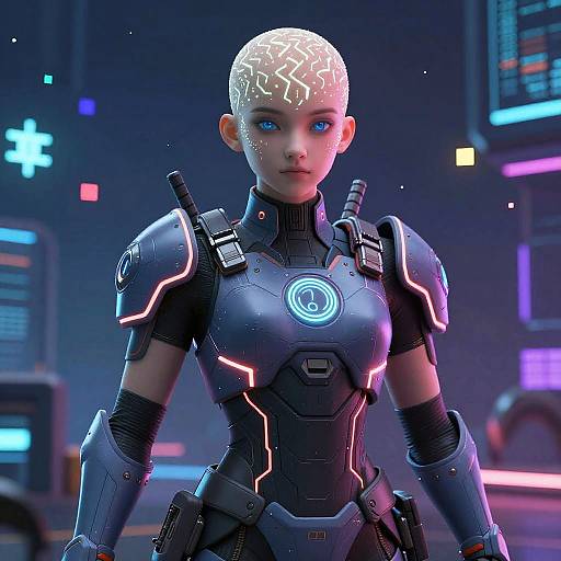 CGI image of a bald, blue-eyed, cybernetic woman in black, glowing, futuristic armor with neon accents, standing in a neon-l