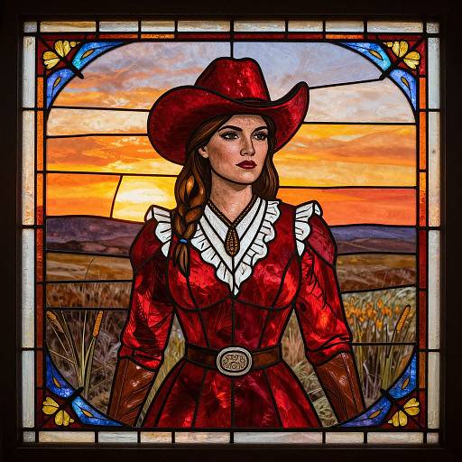 Stained glass artwork of a red-haired woman in a red cowboy dress and hat, set against a vibrant sunset landscape.