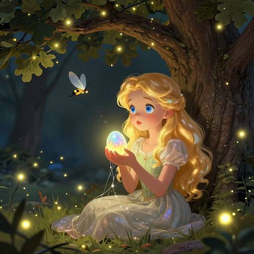 Digital painting: Blonde fairy-like girl with blue eyes, white dress, holding glowing egg, under enchanted tree, surrounded by fireflies, and hovering bee