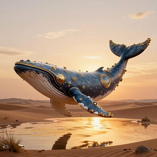 Digital artwork of a whimsical, blue, gem-studded whale with a large tail, floating in a desert oasis at sunset.