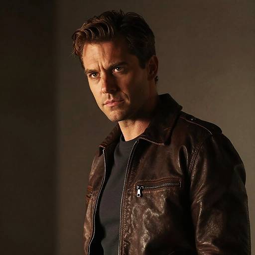 Photograph of a serious, brown-haired man with stubble, wearing a black shirt and brown leather jacket, illuminated by dramatic lighting.