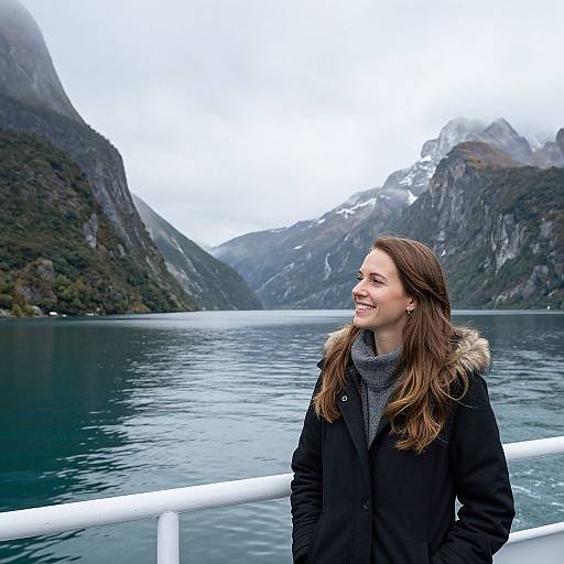 Photograph of a smiling woman with long brown hair, wearing a black coat and gray scarf, standing on a boat in a serene fjord surrounded by