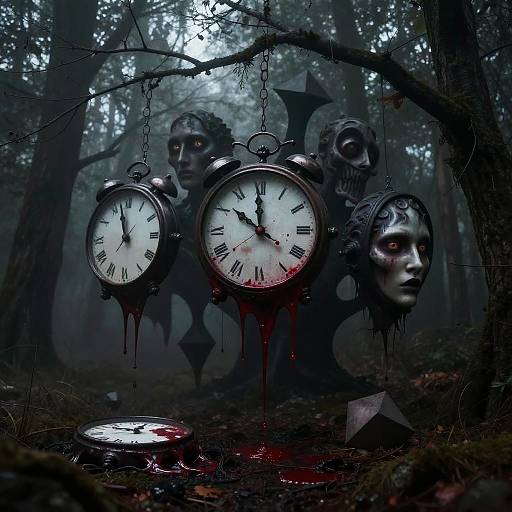 Photograph: Dark, eerie forest with three ghostly, clock-headed figures with blood-stained faces, hanging clocks, and dripping blood, set against