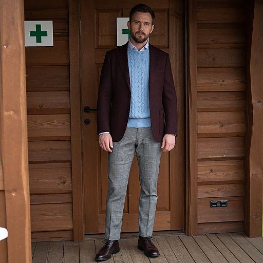 Photograph of a bearded man with short dark hair, wearing a black blazer, light blue patterned shirt, gray checkered trousers, and