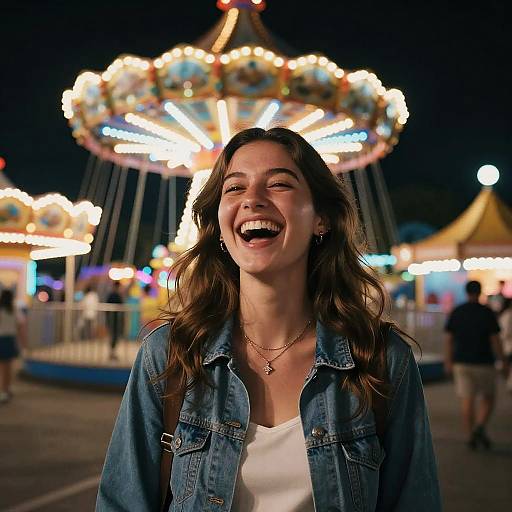 Photograph of a smiling young woman with wavy brown hair, wearing a denim jacket and white top, in front of a brightly lit, colorful carousel